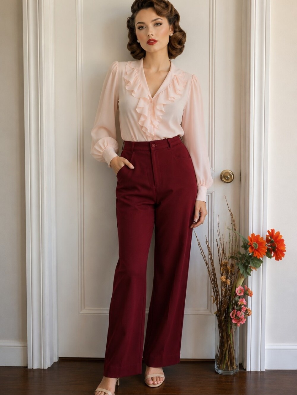 Tanjay | Vintage Burgundy Faux Suede Pants | High Rise Trousers